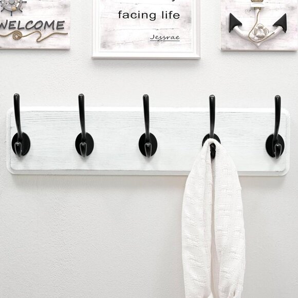 New Coat Rack Wall Mounted with 5 Coat Hooks - Heavy Duty Wooden, White & Black - Picture 6 of 7